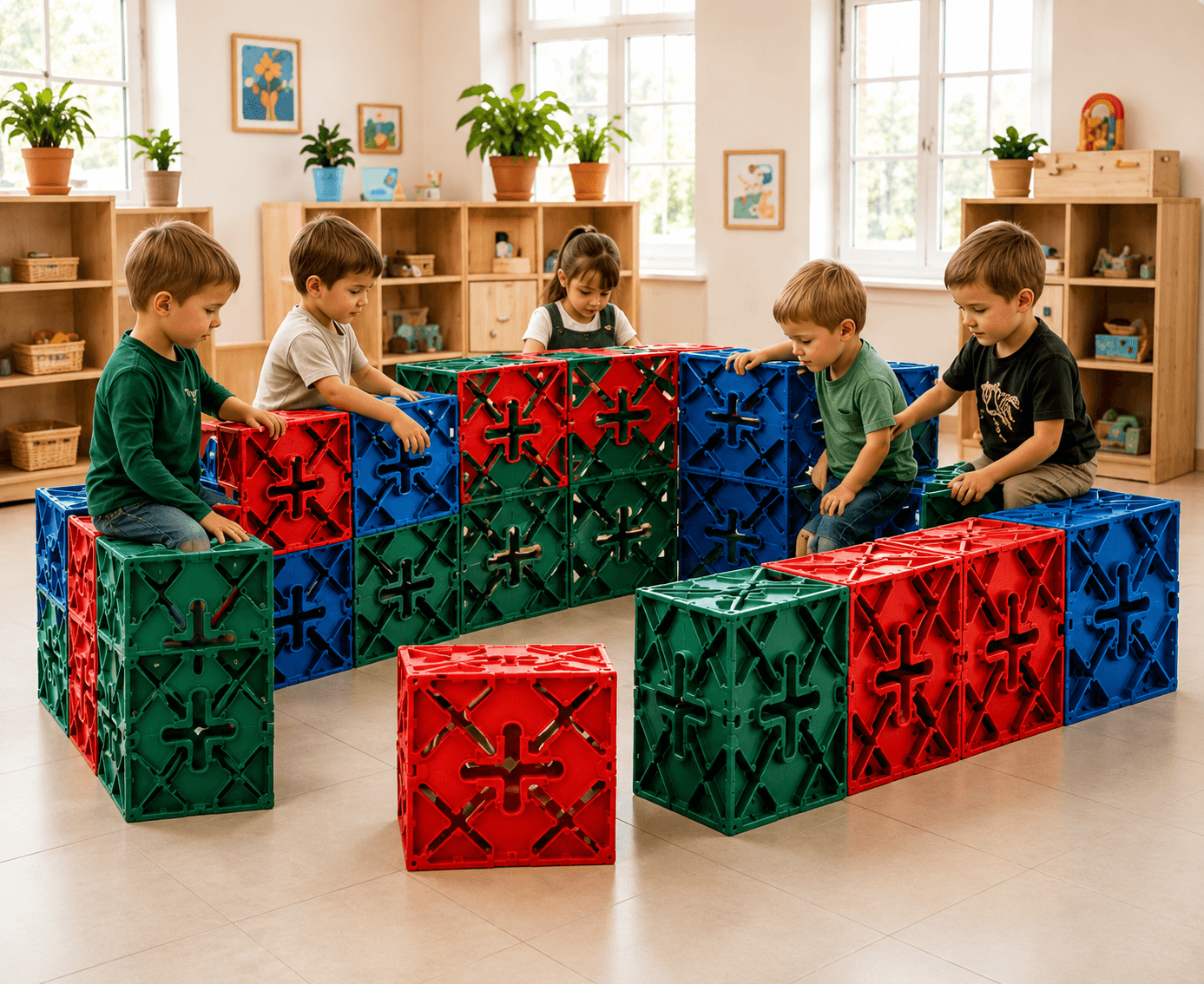 Dzieci budujące dużą konstrukcję z X Blocks w sali edukacyjnej